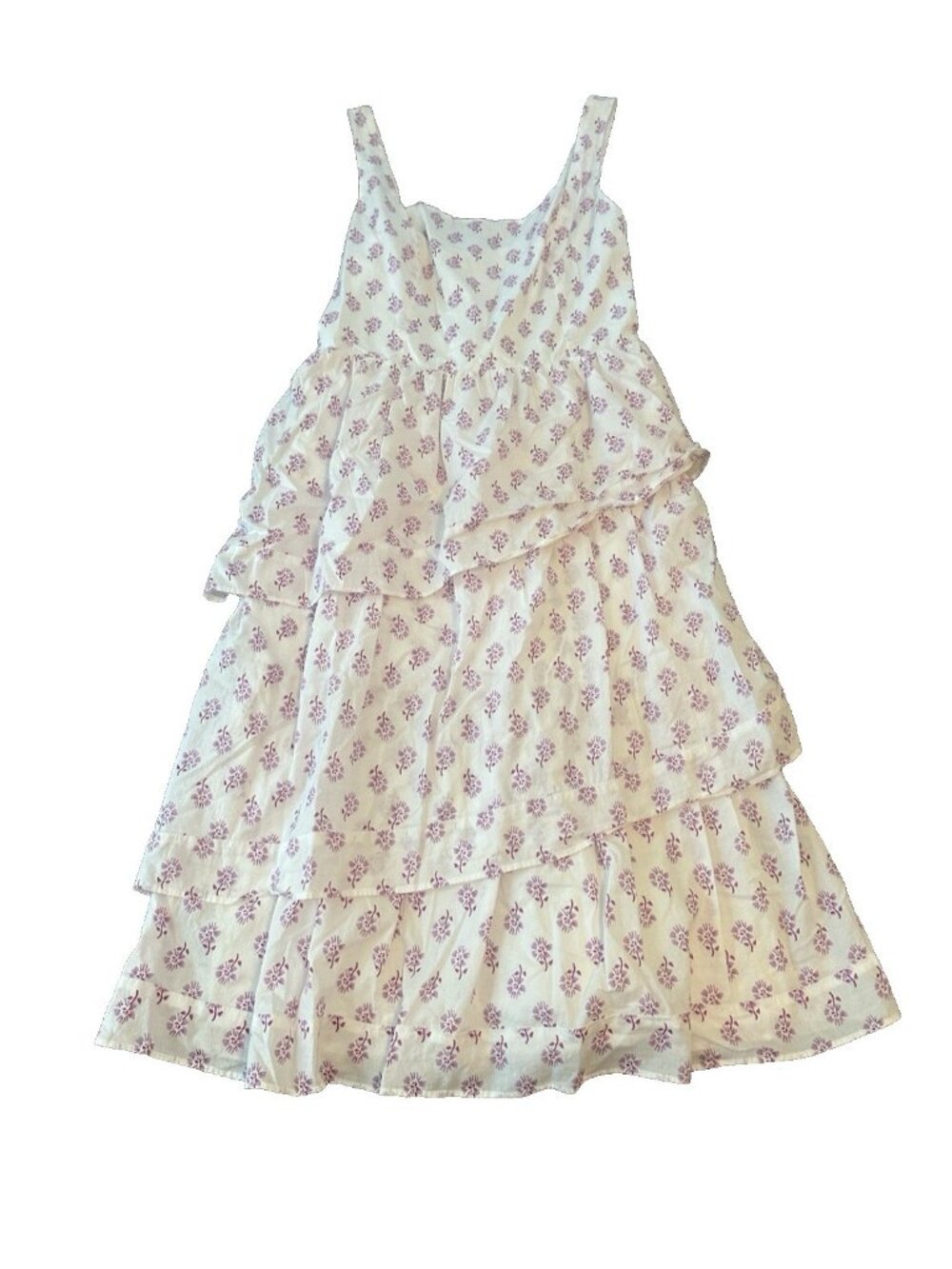 J.Crew Tiered 100% Cotton Midi Dress 8 White Purple Floral Cottagecore Sundress
